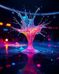 A futuristic sci-fi scene comes to life in this image, depicting a glowing bioluminescent colorful paint splash frozen mid-ai
