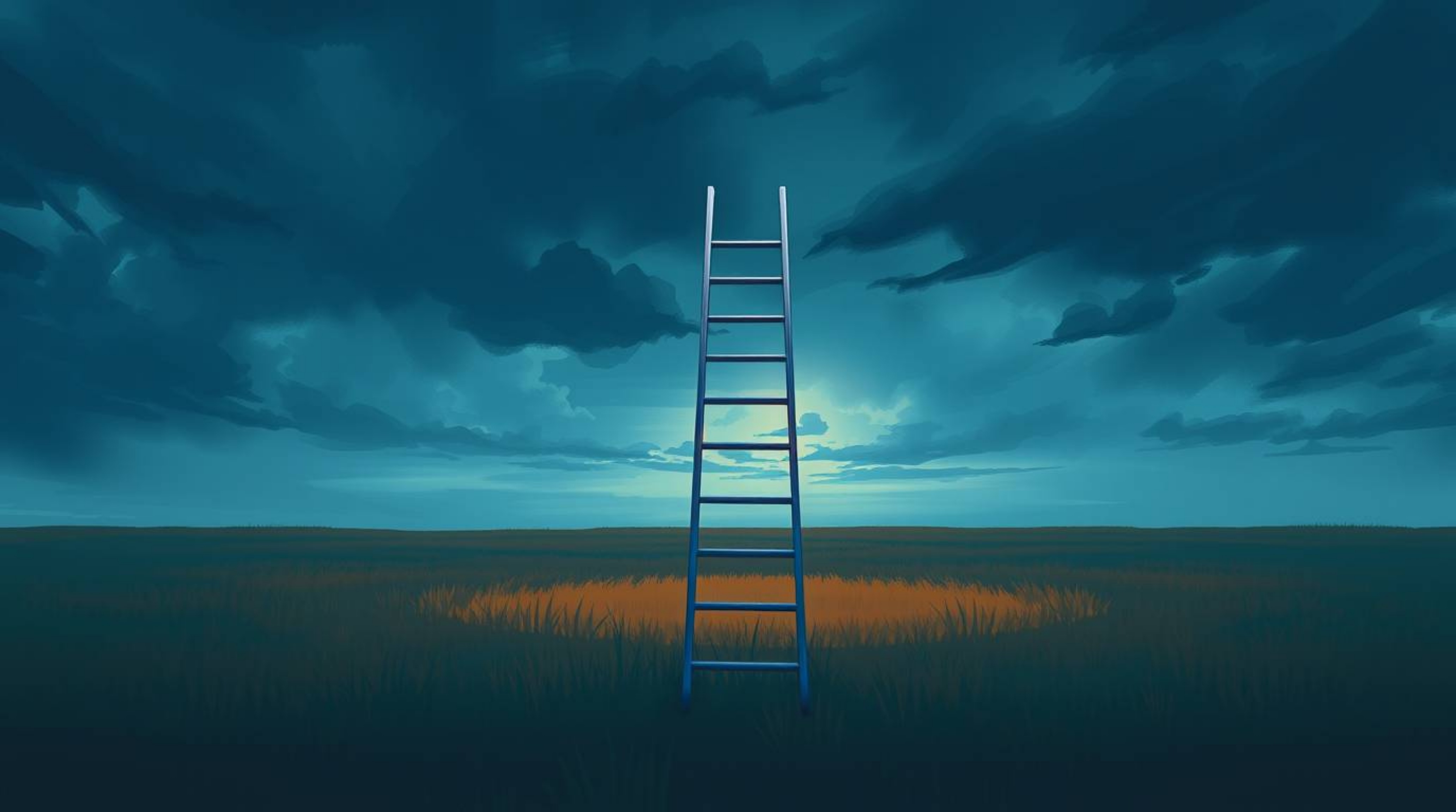 This digital painting captures a minimalist scene featuring a silver ladder standing in an open field under a cloudy sky. The