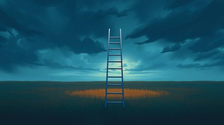 This digital painting captures a minimalist scene featuring a silver ladder standing in an open field under a cloudy sky. The