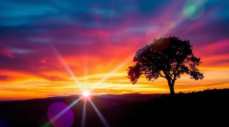 A captivating image of a lone tree silhouetted against a breathtaking fiery sunset.  The photograph features vibrant blues, g