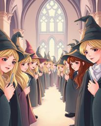 Immerse yourself in a graceful and elegant illustration of a magical school teeming with young wizards.  Rendered in soft pas