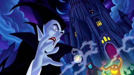 This image depicts a classic Disney villain with sharp features and pale skin, casting a powerful spell within the confines o