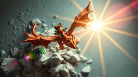 A stunning overhead shot of a sculptural clay artwork depicting a dragon and rider soaring above icy mountains.  Bright lens 