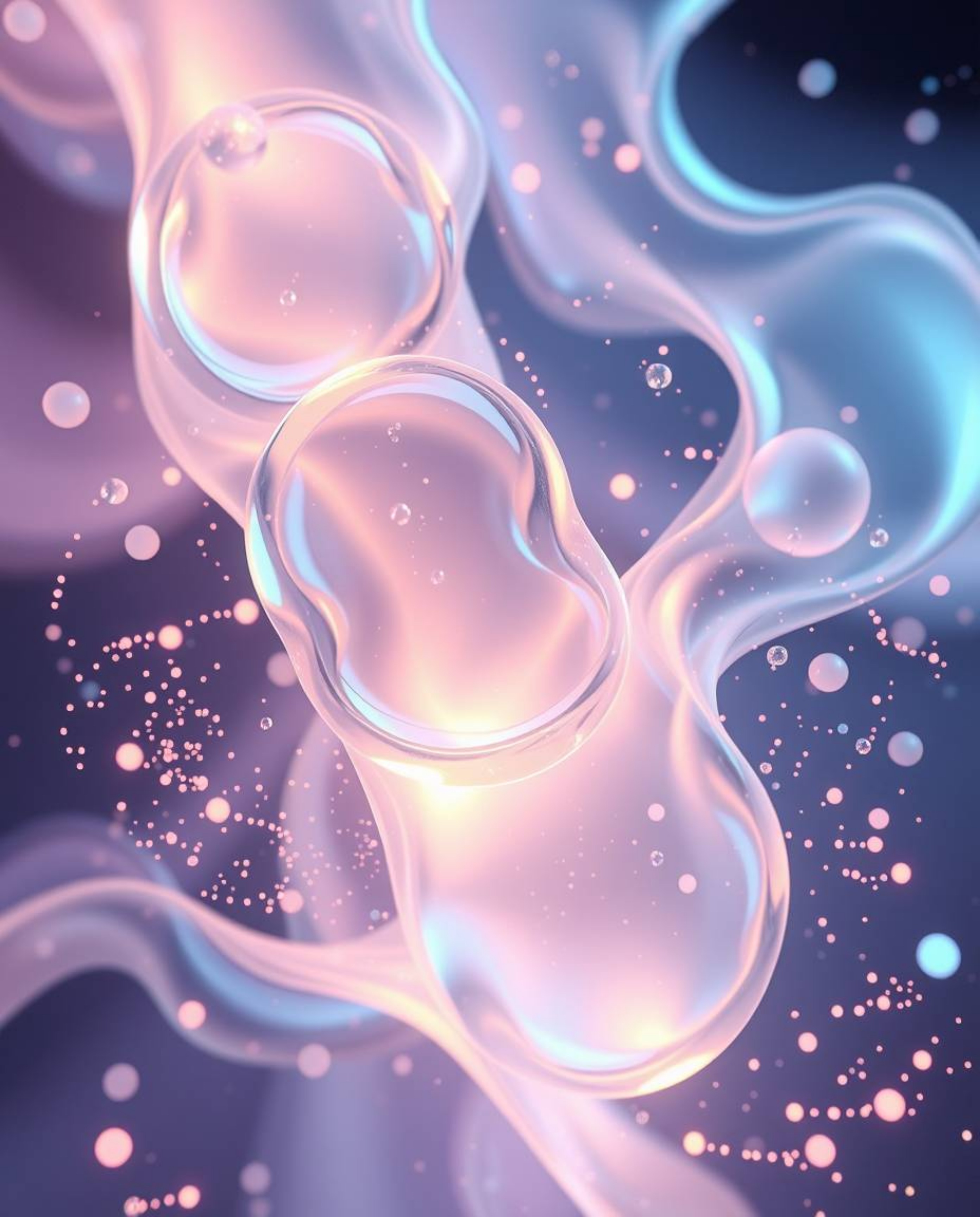 Experience a mesmerizing visual journey with glassy fluid 3D shapes in perpetual motion, gracefully enveloped by radiant, glo
