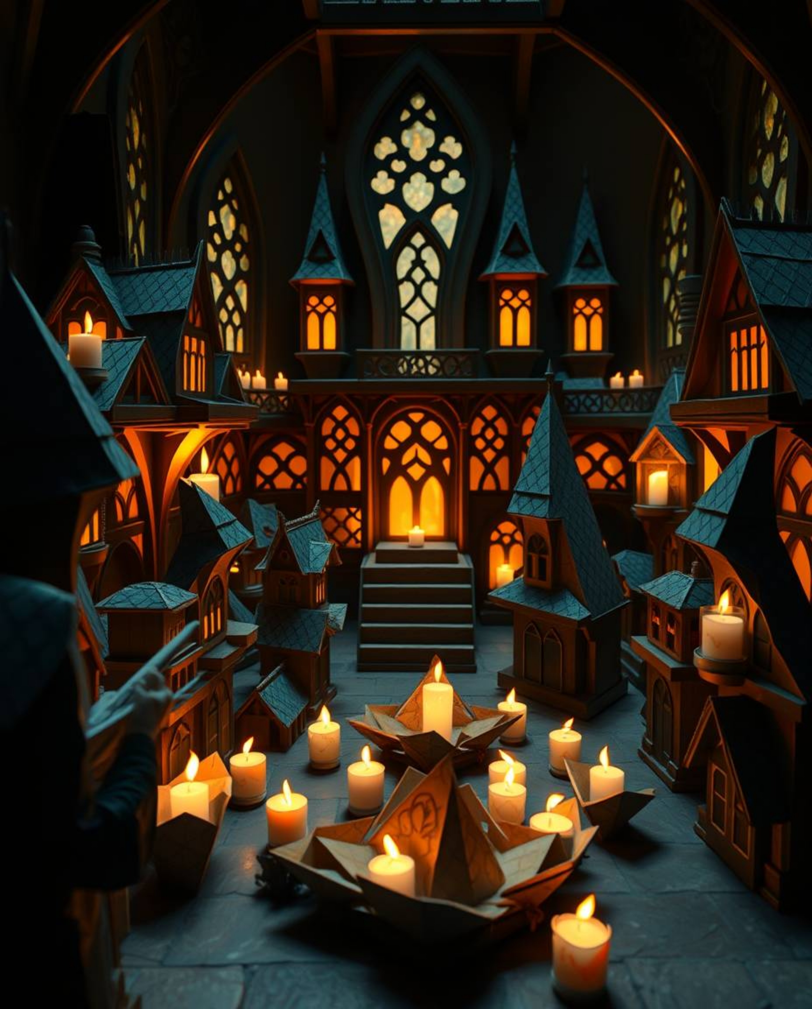Explore a magical school brimming with young wizards, bathed in the warm glow of candlelight and featuring intricate origami-