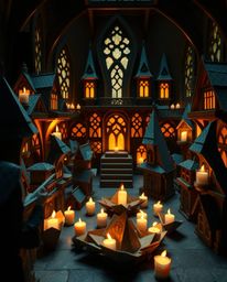 Explore a magical school brimming with young wizards, bathed in the warm glow of candlelight and featuring intricate origami-
