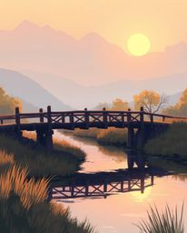 An extreme macro close-up captures the intricate details of an old wooden bridge over a river at sunset. The image is rendere