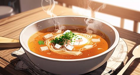 This inviting image captures the simple pleasure of a warm bowl of soup. Steam delicately rises from the surface, promising c