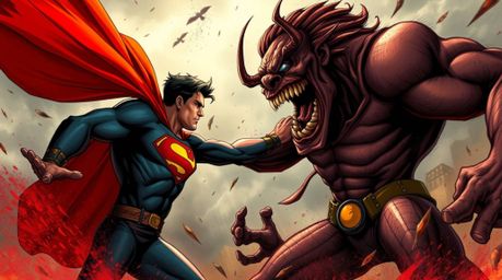Witness a thrilling encounter as a superhero, cape ablaze in vibrant red, faces off against a comically large villain amidst 