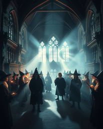 Discover an ethereal, spiritual image of a magical school brimming with young wizards.  The artwork utilizes dramatic chiaros