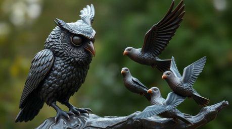 This cast bronze sculpture depicts a heartwarming scene of a blind owl, rendered in a Pixar-esque style, patiently teaching y