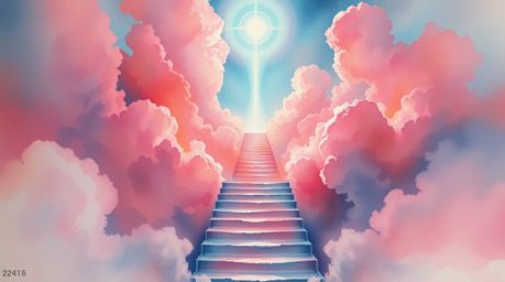 A captivating watercolor painting depicts a surreal stairway ascending through smoky clouds towards a celestial light.  Rende