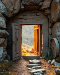 Discover an ancient doorway etched with glowing runes, nestled within a mountainside bathed in the gentle light of autumn.  I