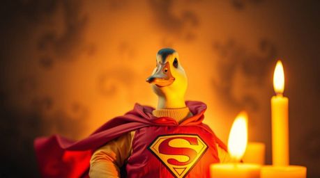 Capture the whimsical charm of a duck donning a zany superhero costume in this professional fine art photograph. Bathed in th