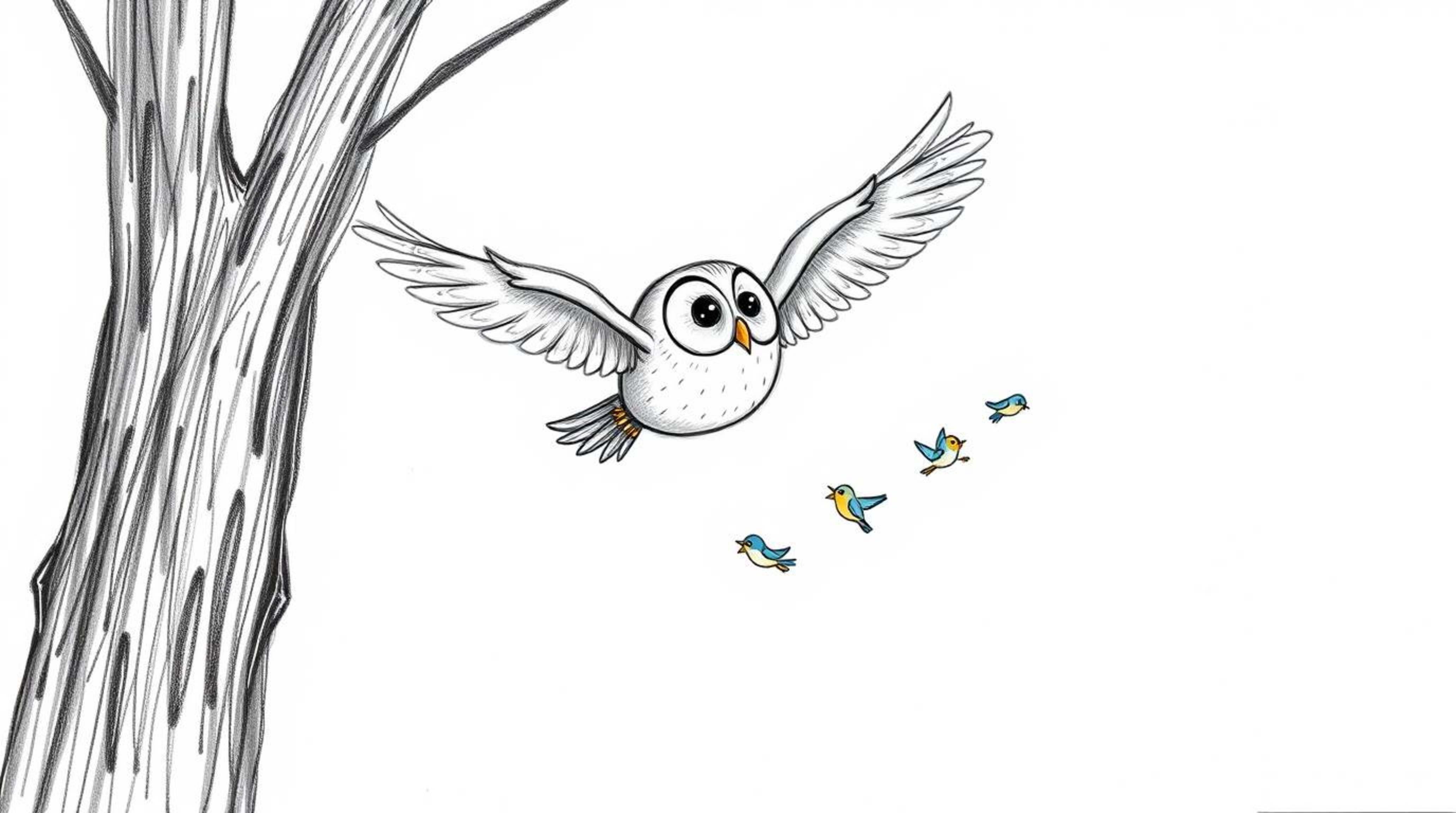 A charming hand-drawn sketch, rendered in the distinctive Pixar style, depicts a sight impaired owl gracefully gliding betwee