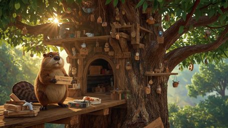 A highly detailed, high-resolution stock photo, inspired by Pixar's signature style, captures a whimsical scene of a beaver b