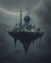 Explore a surreal floating island showcasing bizarre architecture, bathed in a strong moody style and artistic lighting. Abst