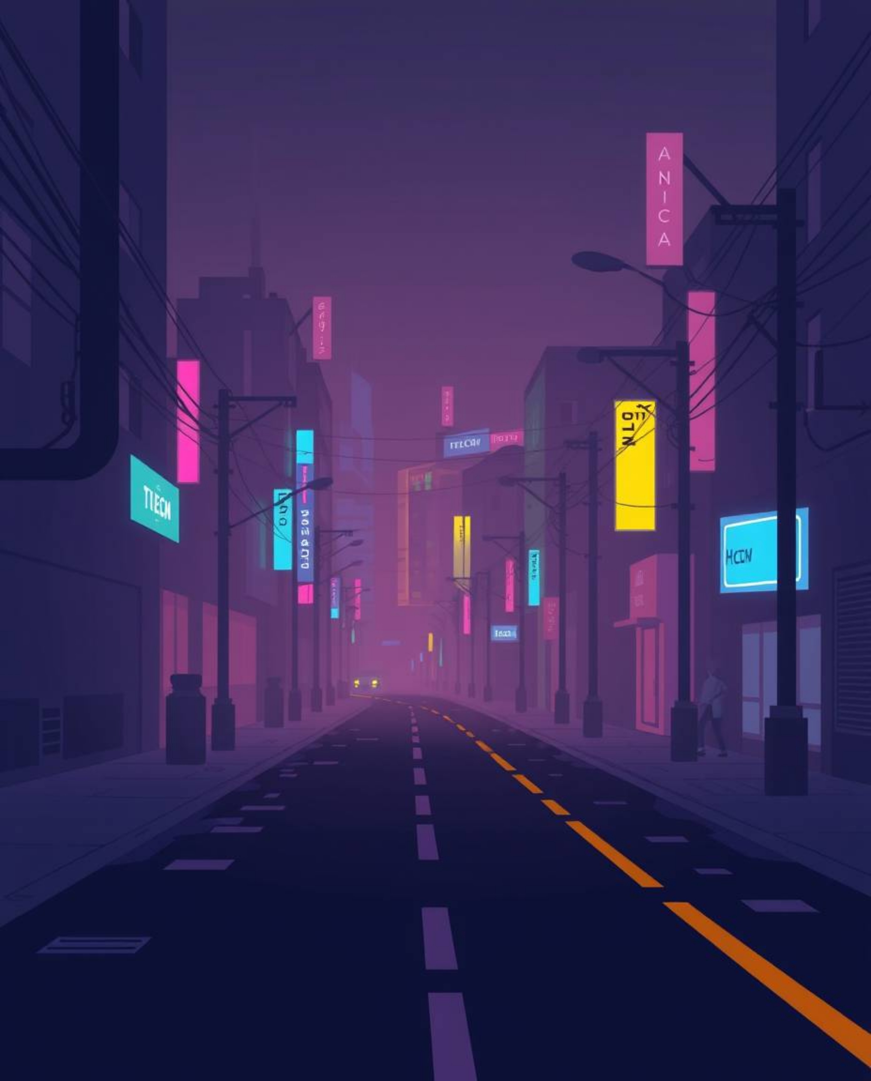 A modern flat design illustration depicts a pixelated glitch cyberpunk street bathed in neon haze.  The image features diffus