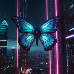 A captivating digital art piece showcases a vibrant, glowing neon butterfly gracefully flying through a breathtaking futurist