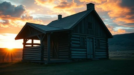 Experience the allure of an old wooden cabin bathed in the warm hues of a breathtaking sunset. This cinematic photograph capt