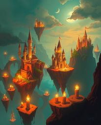 Immerse yourself in a vibrant digital painting of a magical kingdom, complete with floating islands and majestic castles, all