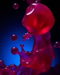 This image showcases a stunning interplay of chiaroscuro lighting illuminating floating 3D fluid jelly blobs in rich burgundy