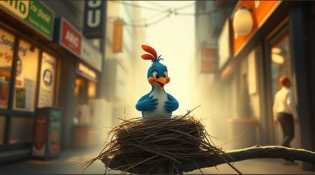 A captivating street photography image showcases two charming cartoon birds diligently constructing their nest. Rendered in