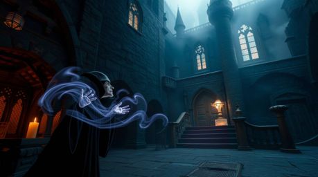 Capture the essence of a classic Disney villain casting a powerful spell within the ancient walls of an old castle. This long