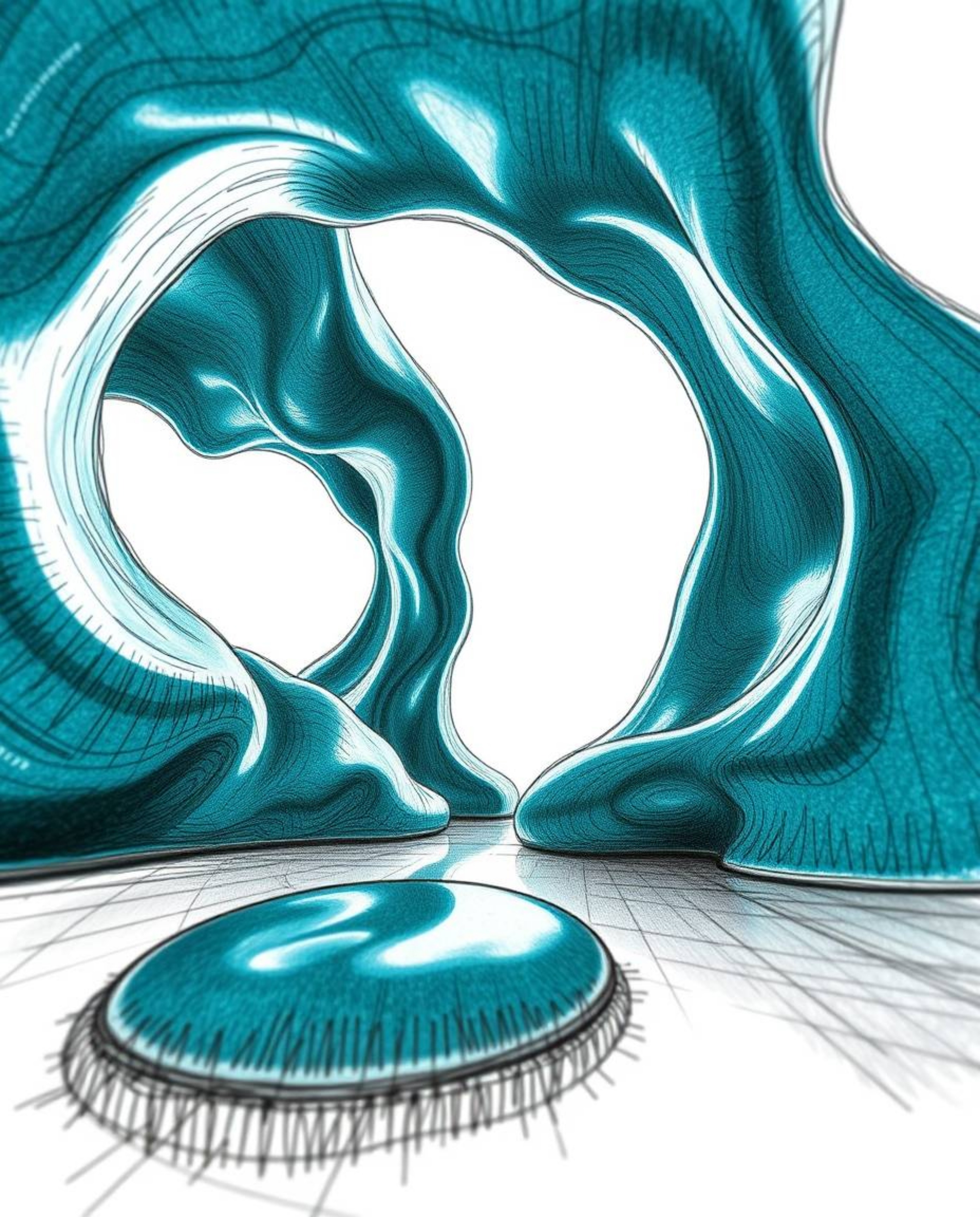 A stunning low-angle perspective showcases a hand-drawn sketch brought to life with rich, deep teal 3D sculptural fluid mercu