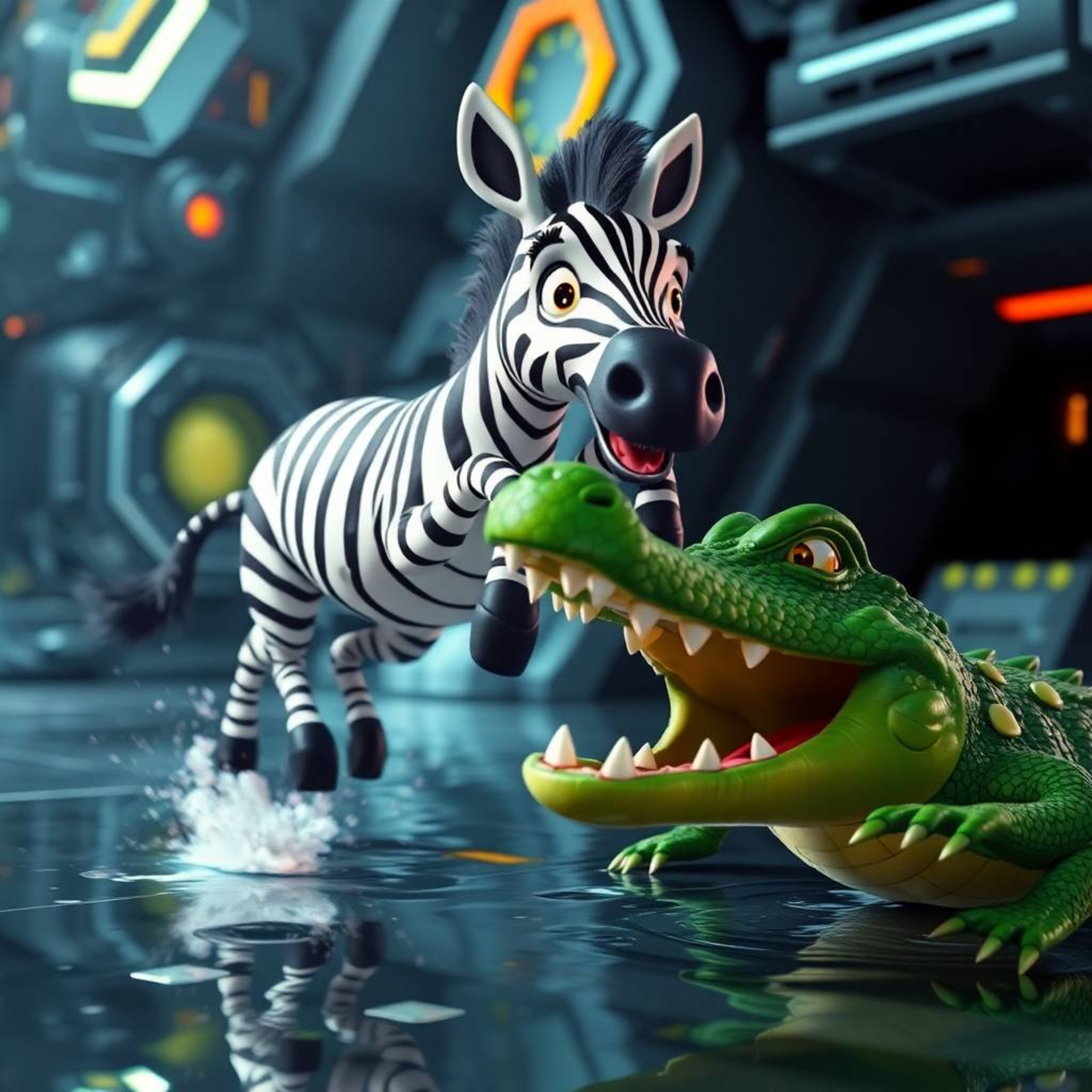 A tight close-up shot showcases a 3D cartoon zebra, black and white striped, leaping away from a playful crocodile with green