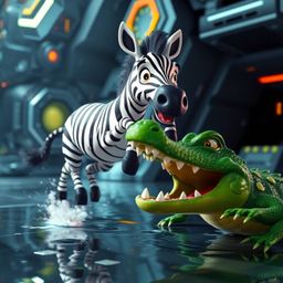 A tight close-up shot showcases a 3D cartoon zebra, black and white striped, leaping away from a playful crocodile with green