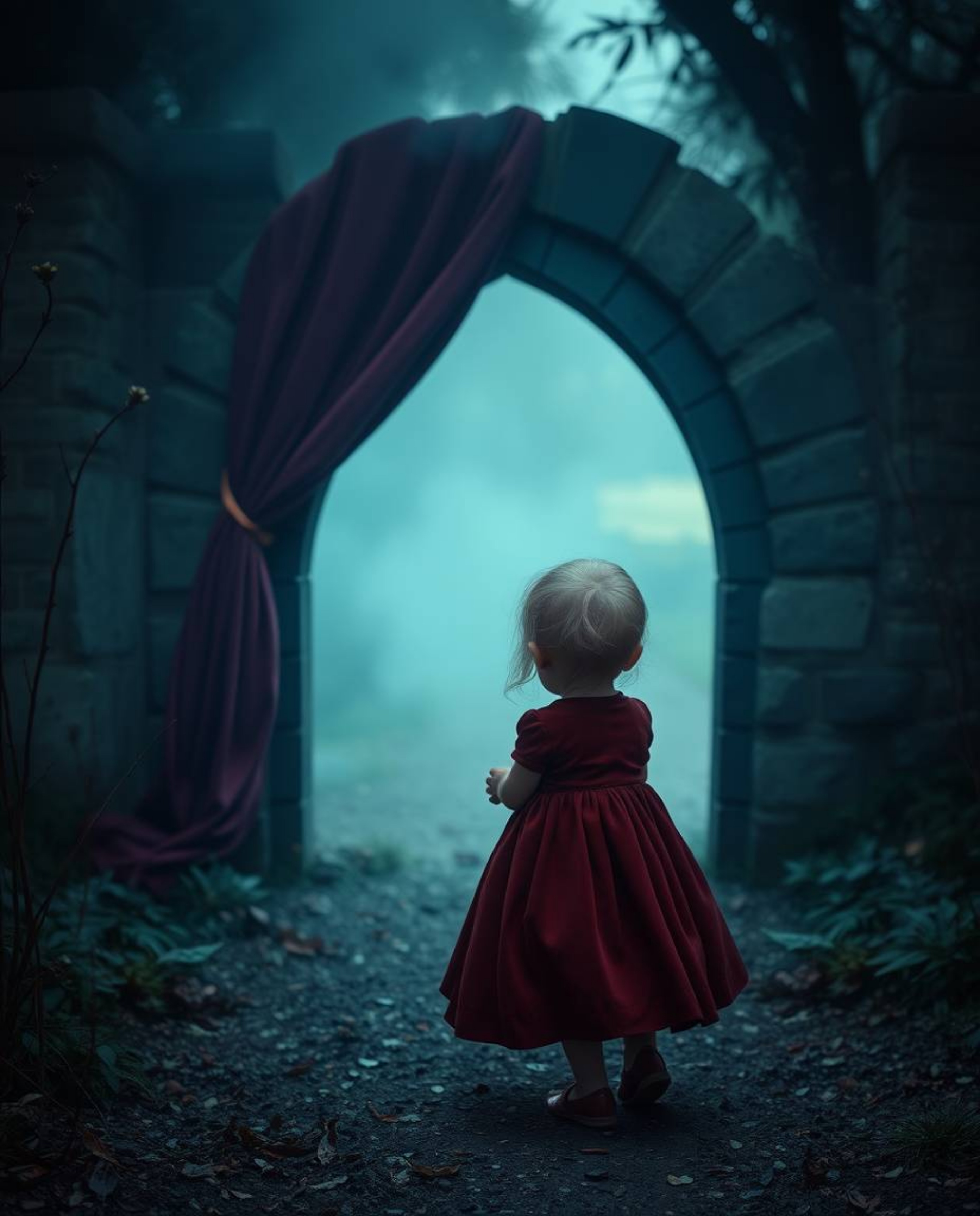 A child with delicate skin tones stumbles upon a mesmerizing portal in their backyard, awash in rich burgundy and deep blue h