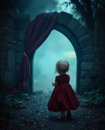 A child with delicate skin tones stumbles upon a mesmerizing portal in their backyard, awash in rich burgundy and deep blue h