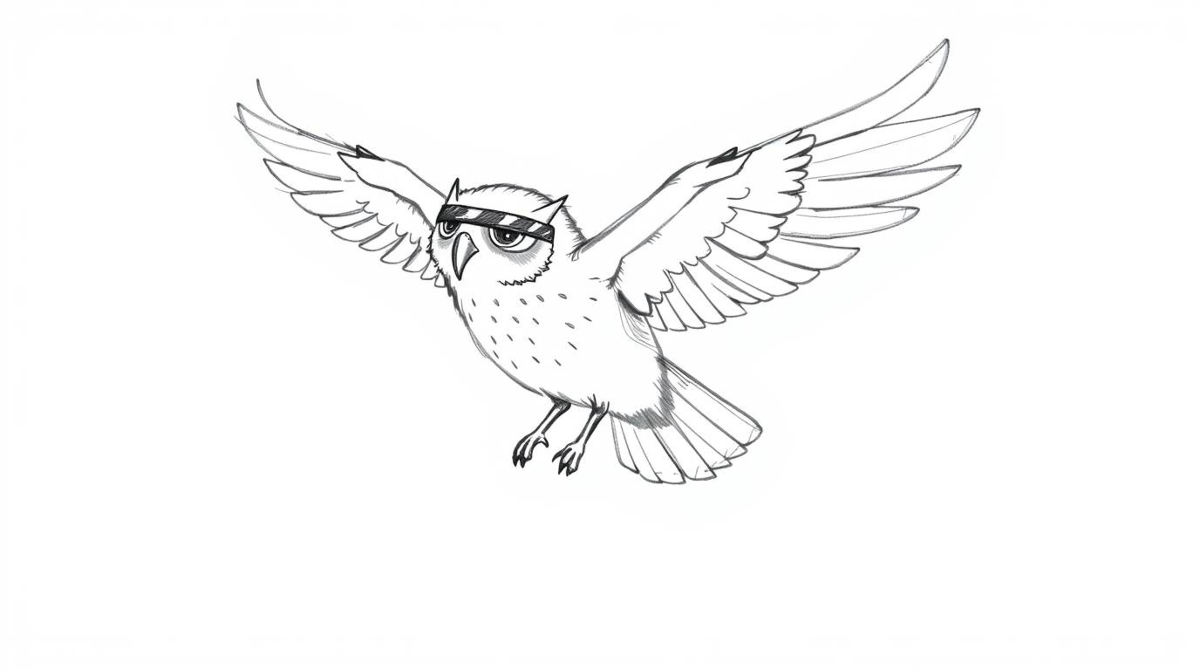 A whimsical hand-drawn sketch in the style of Pixar depicts a blind owl, mid-flight and leaving feather trails, teaching bird