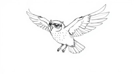 A whimsical hand-drawn sketch in the style of Pixar depicts a blind owl, mid-flight and leaving feather trails, teaching bird
