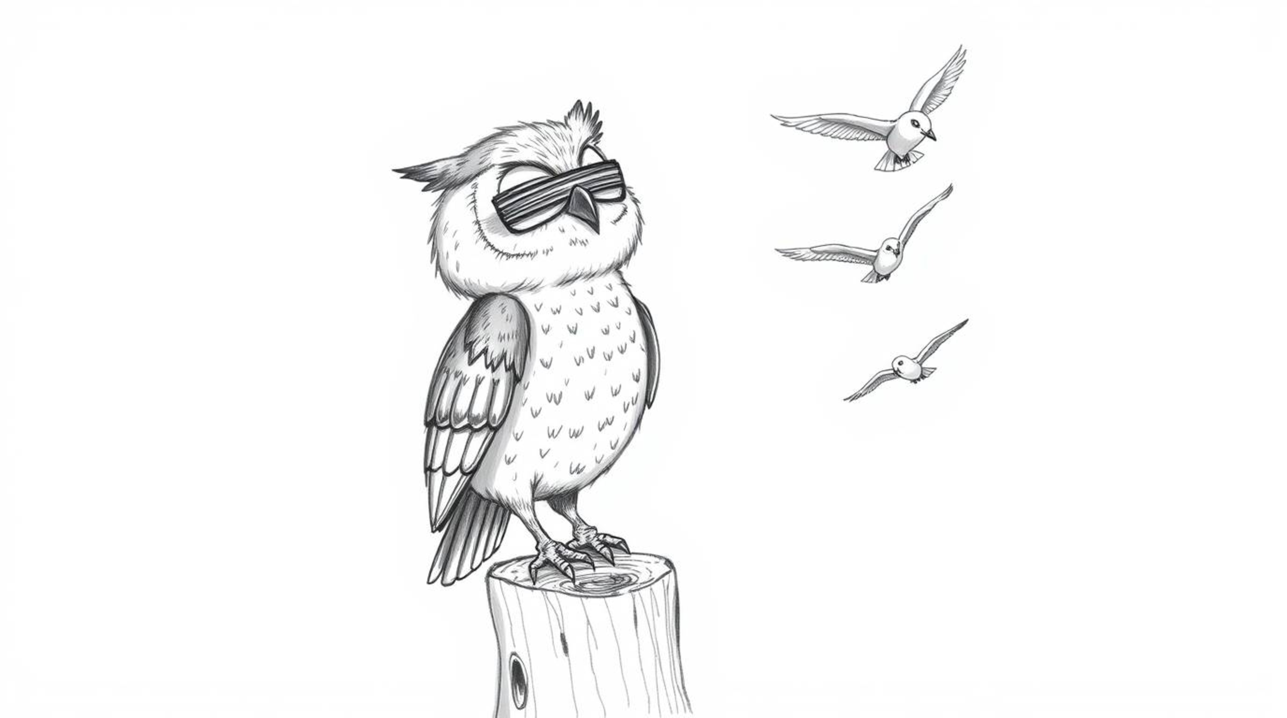 A whimsical hand-drawn sketch depicts a blind owl, rendered in an expressive Pixar style, perched on a tree stump. The owl's 