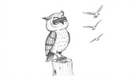 A whimsical hand-drawn sketch depicts a blind owl, rendered in an expressive Pixar style, perched on a tree stump. The owl's 