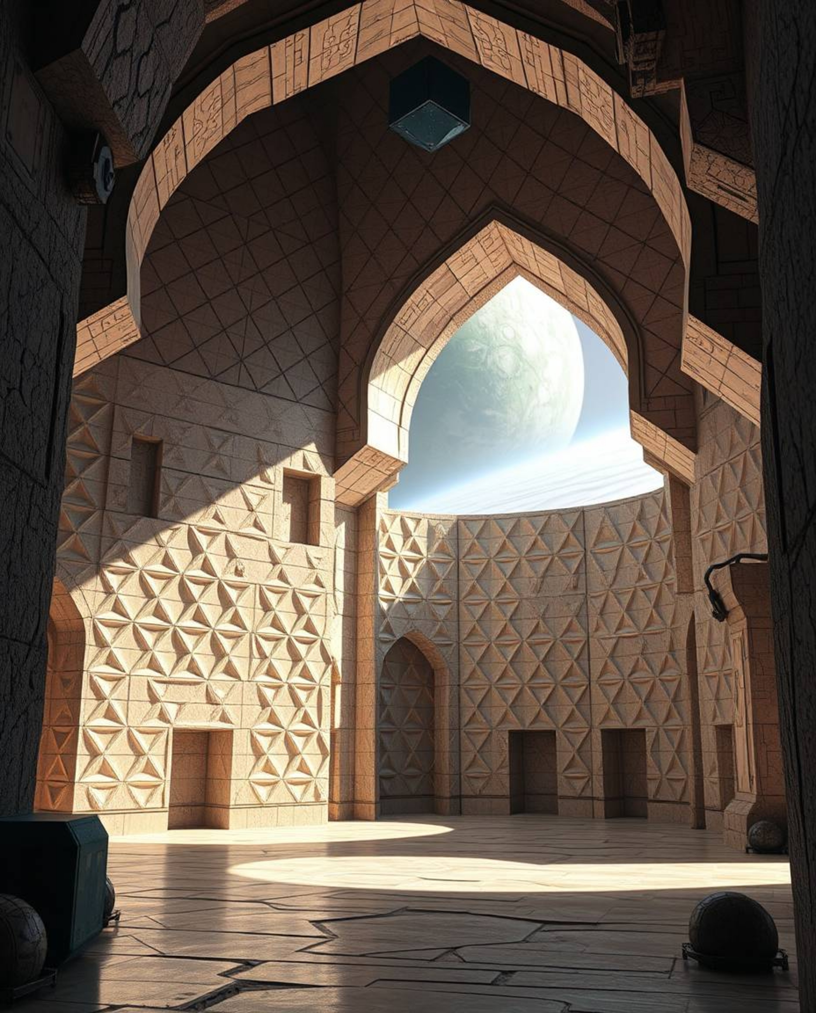 Explore a futuristic sci-fi scene blending advanced technology with historically accurate Islamic geometric patterns carved i