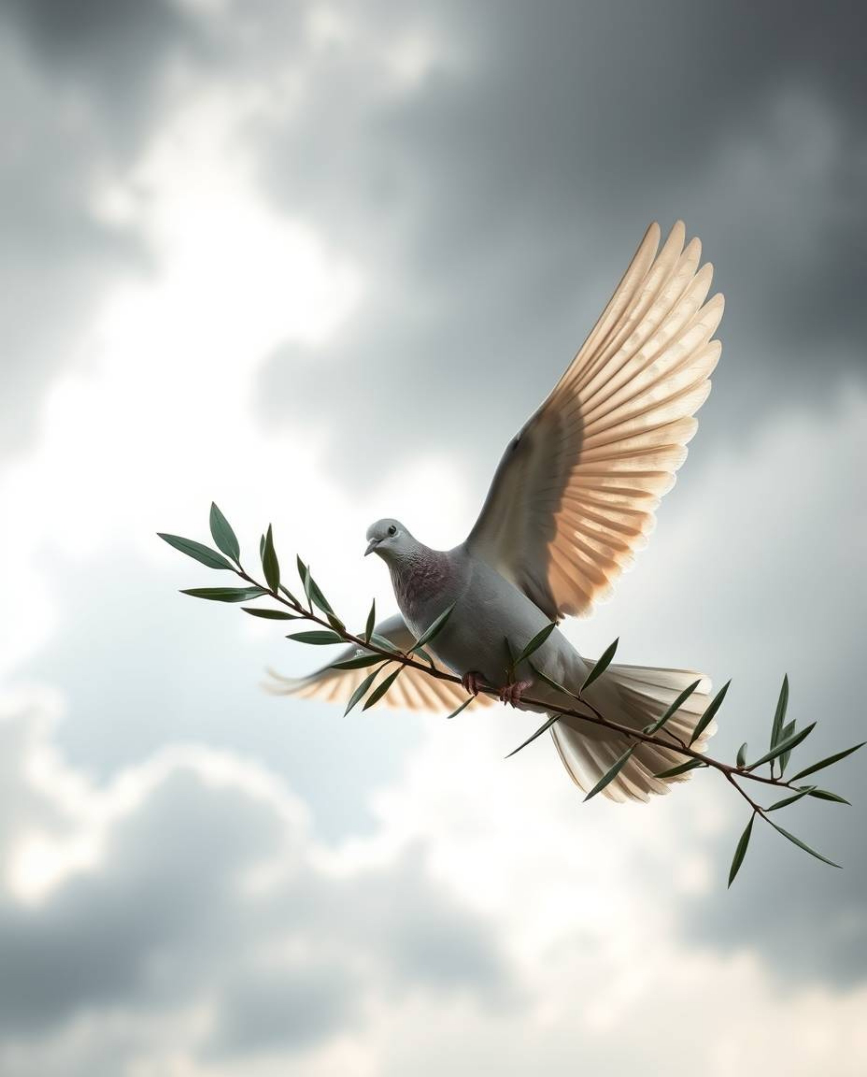 A serene image depicts a dove carrying an olive branch amidst stormy skies, captured from a high angle with soft, diffused li