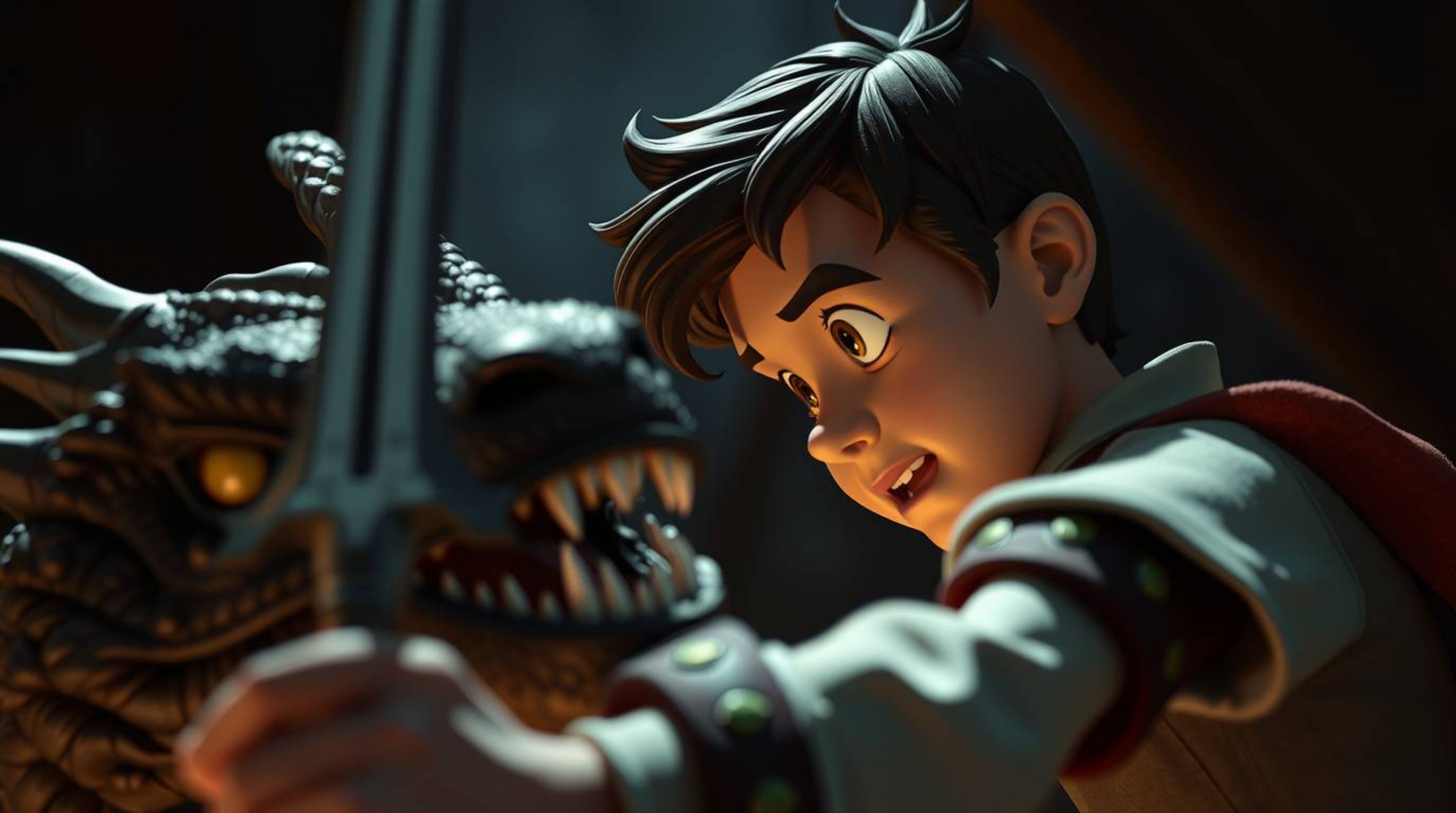 Explore a captivating extreme macro close-up depicting a charming prince locked in a dramatic battle with a fierce dragon. Re