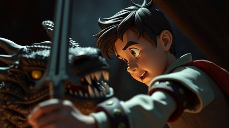Explore a captivating extreme macro close-up depicting a charming prince locked in a dramatic battle with a fierce dragon. Re