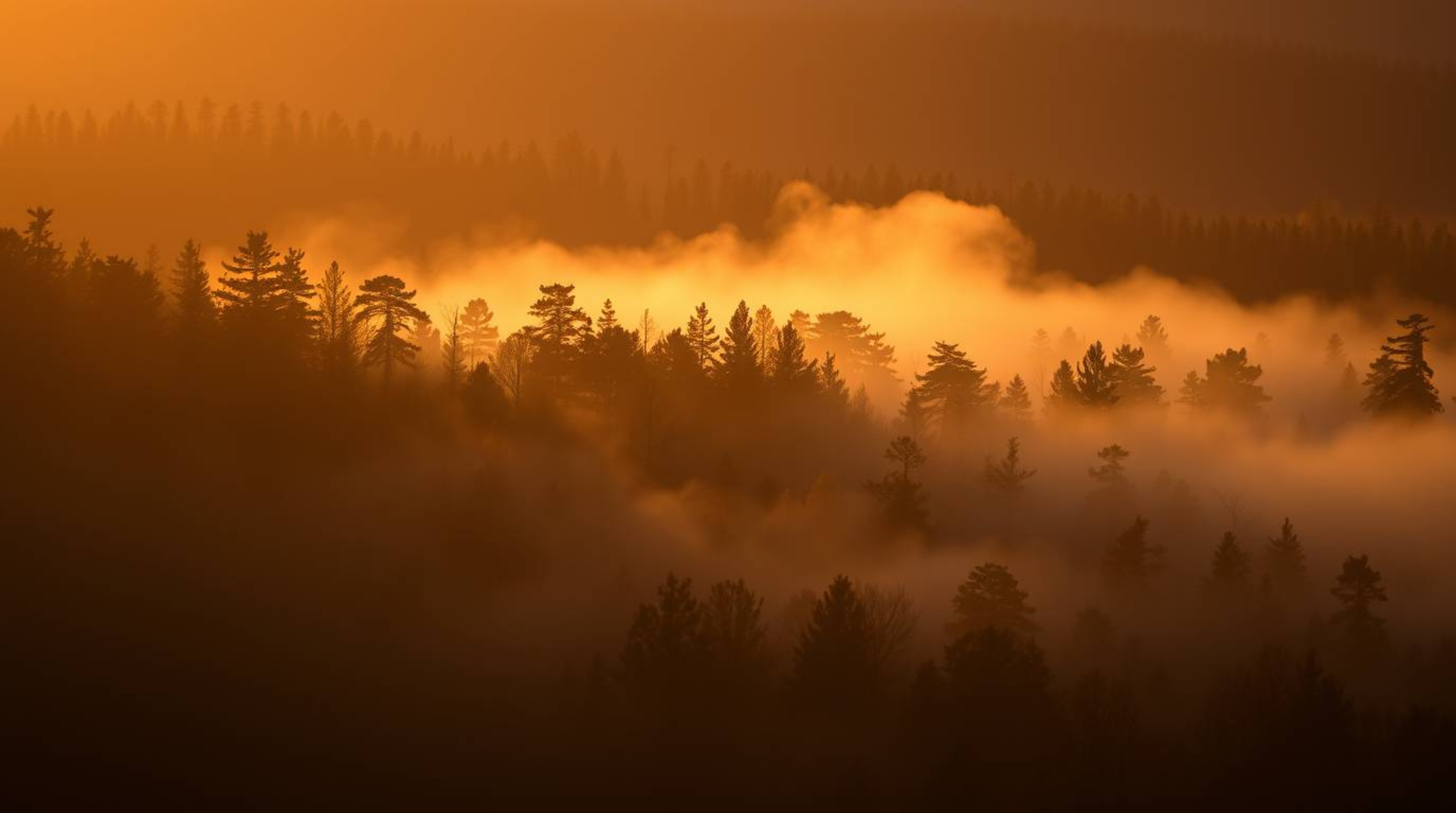 Capture the ethereal beauty of a forest at golden hour with this stunning photograph. Mist rises gracefully, illuminated by a