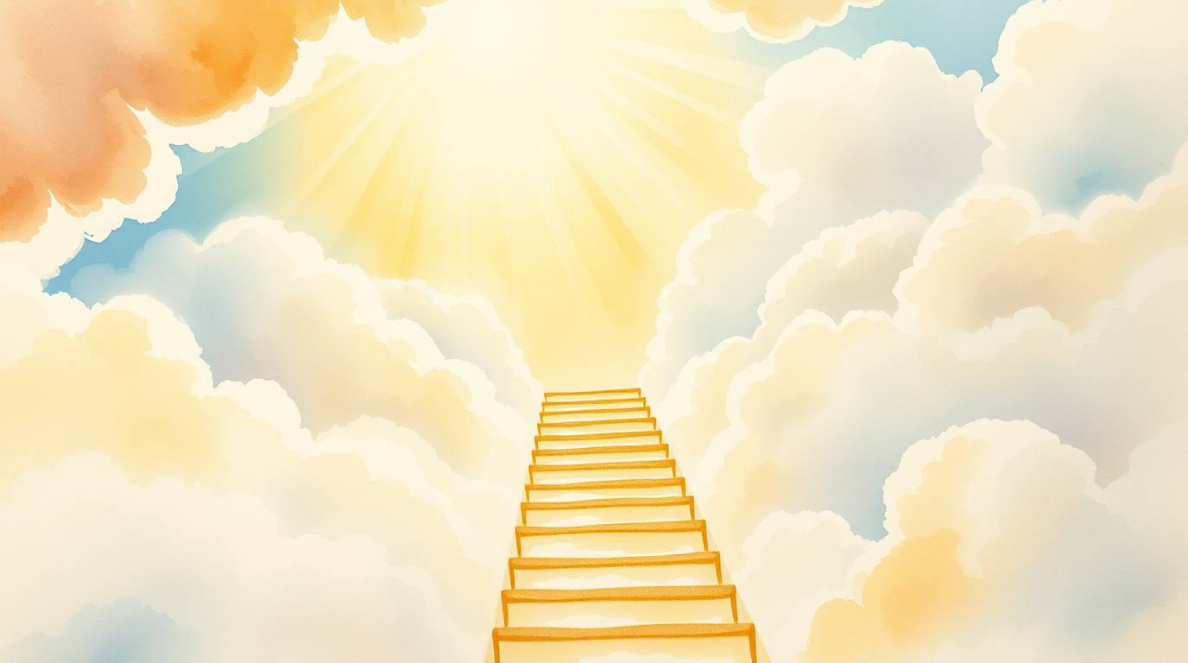 A breathtaking watercolor painting depicts a golden staircase ascending through ethereal clouds towards a radiant heaven. Su