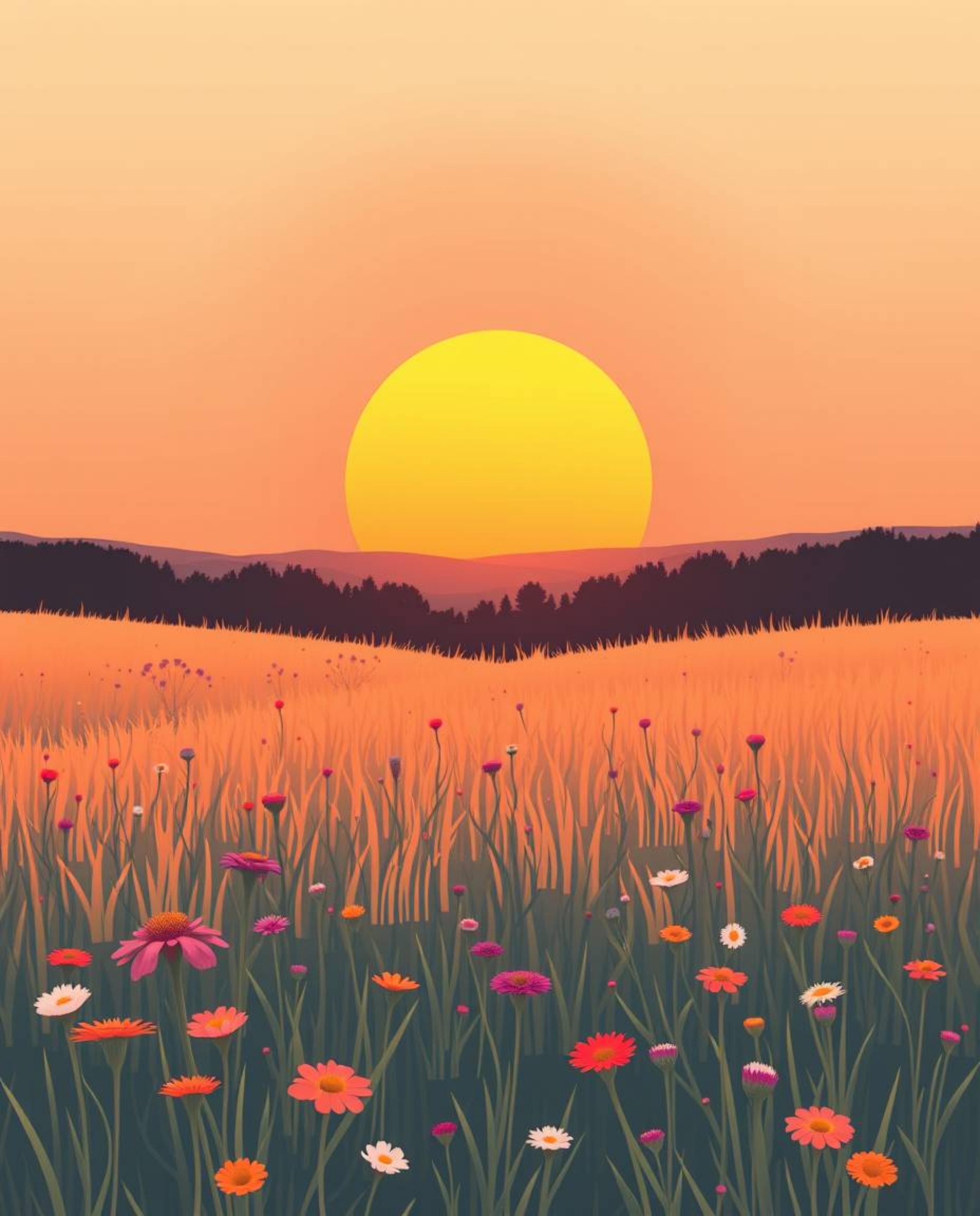 A digital painting of a sunset over a spring wildflower meadow, skillfully rendered in a modern flat design style. This artwo