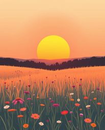 A digital painting of a sunset over a spring wildflower meadow, skillfully rendered in a modern flat design style. This artwo