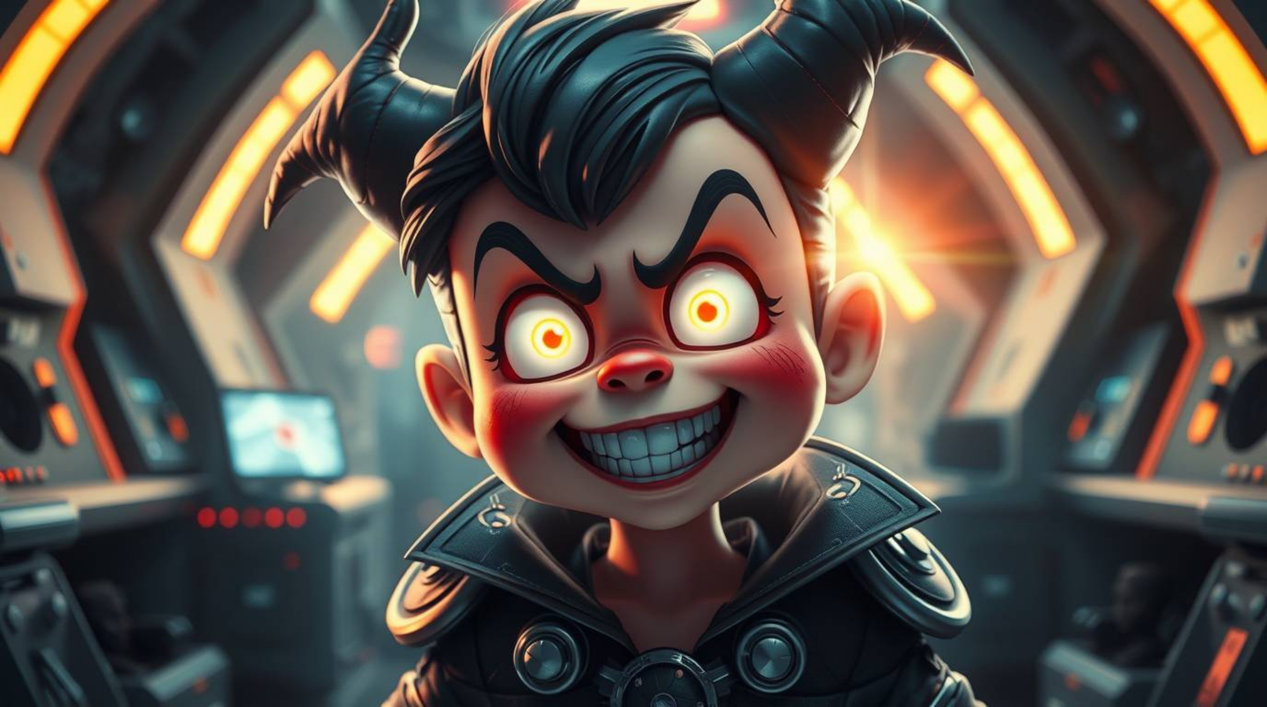 Imagine an adorable villain with bright, sparkling eyes and rosy cheeks, caught in a hilarious breakdown within a futuristic,