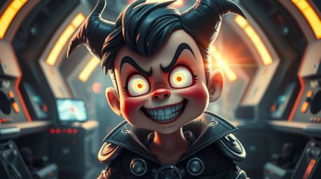 Imagine an adorable villain with bright, sparkling eyes and rosy cheeks, caught in a hilarious breakdown within a futuristic,