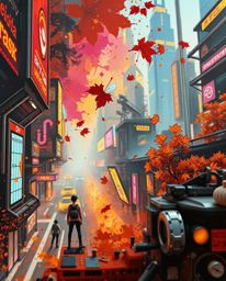 An extreme macro close-up oil painting reveals a vibrant futuristic cityscape with a cyberpunk aesthetic.  The artwork featur