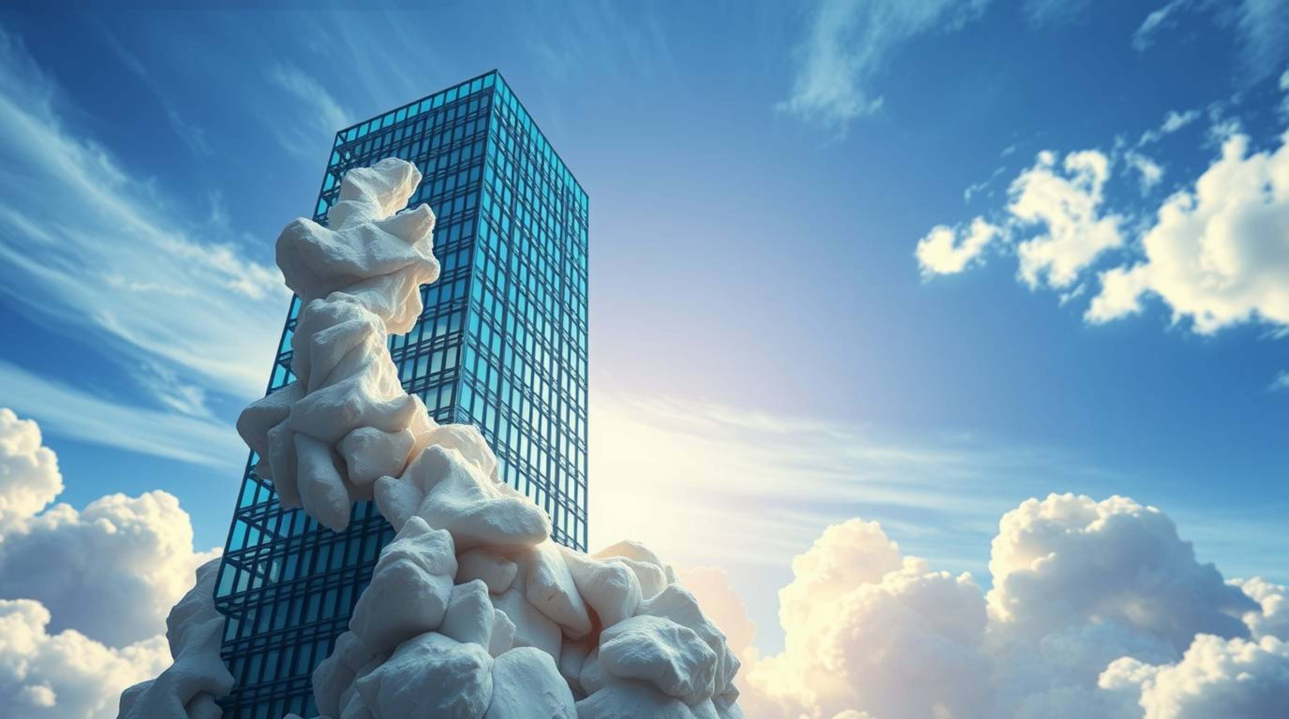 A dramatic cinematic image featuring a modern glass building dissolving into a vibrant sky, rendered in a sculptural clay art