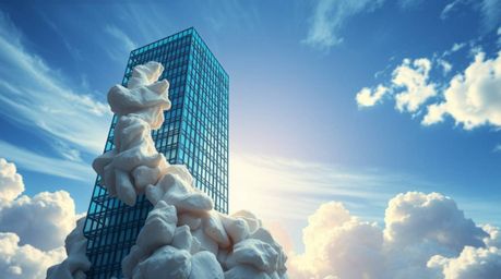 A dramatic cinematic image featuring a modern glass building dissolving into a vibrant sky, rendered in a sculptural clay art